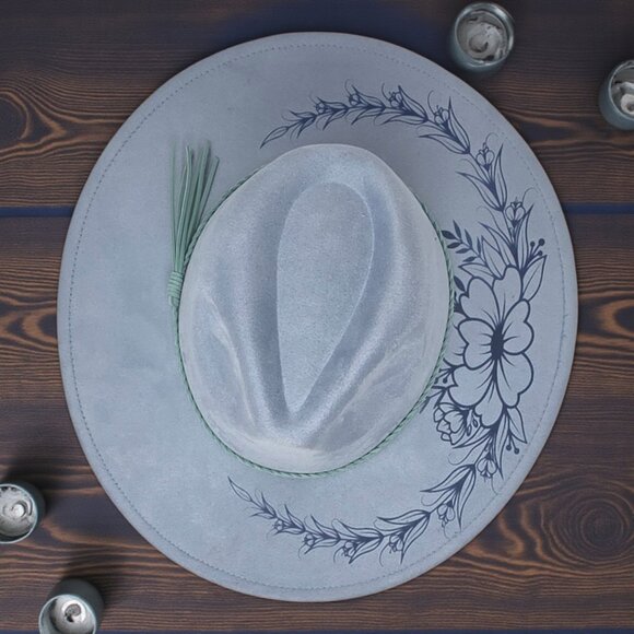 Vegan Suede Wide-Brim Hat – Laser Engraved Bluebell Floral Design